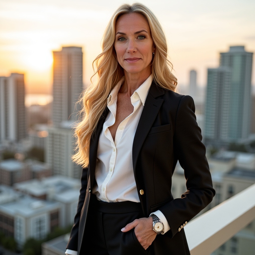 Dr. Jen Moran professional portrait, warm Chicago skyline background
